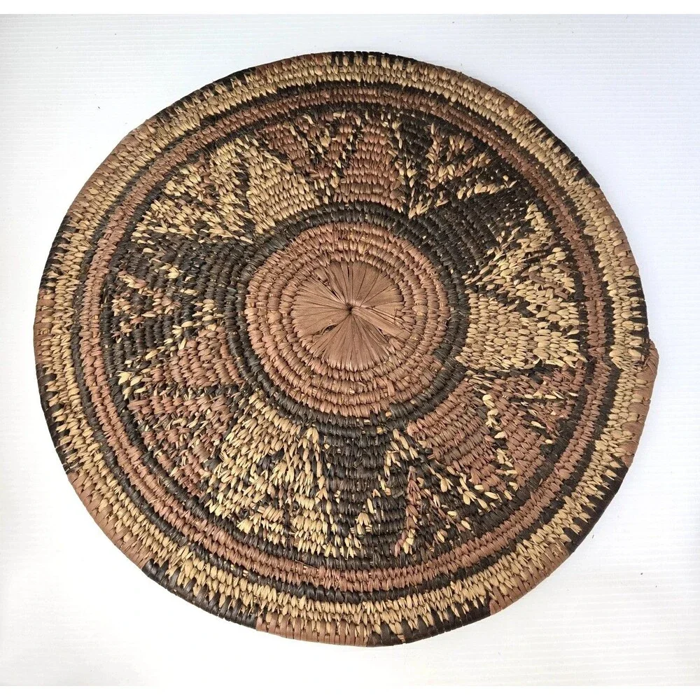 African Hand Woven Coiled Flat Basket Tray Geometric Vintage 12.5